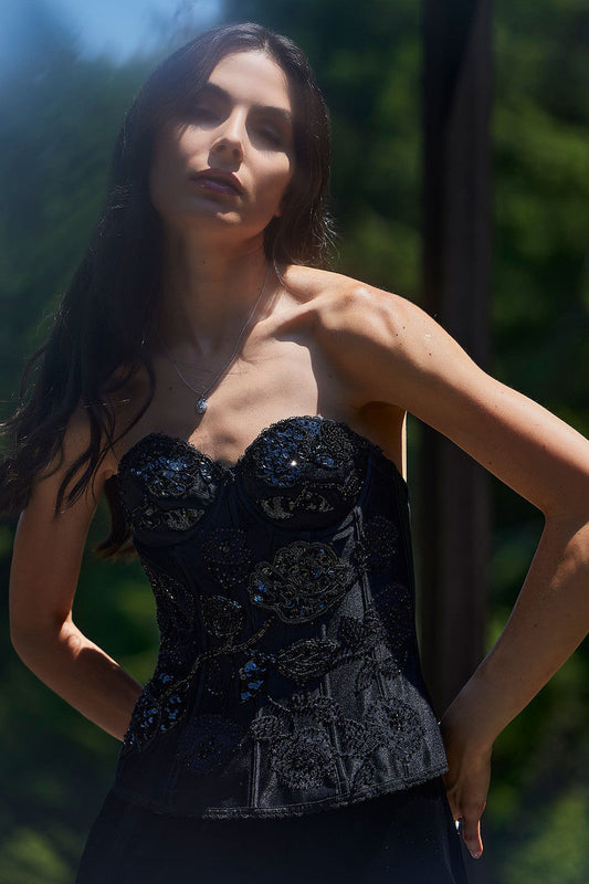 Buy Floral Beaded Corset in Black Online Black