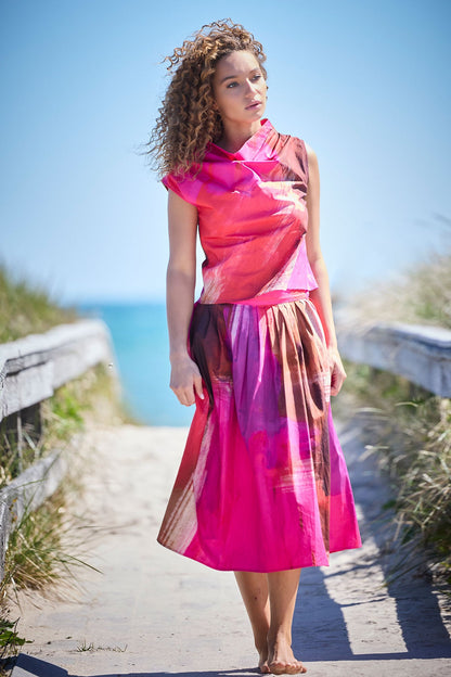 Brushstroke Cotton Taffeta Pull On Midi Skirt Magenta