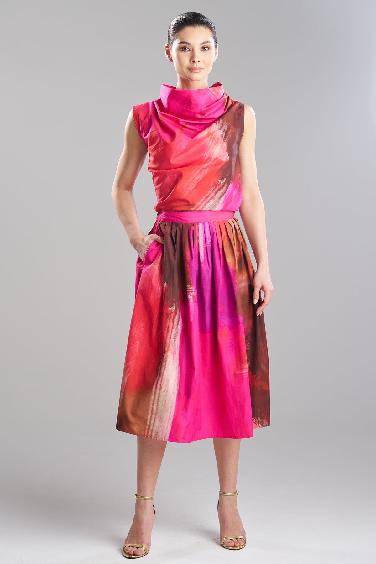 Brushstroke Cotton Taffeta Pull On Midi Skirt Magenta