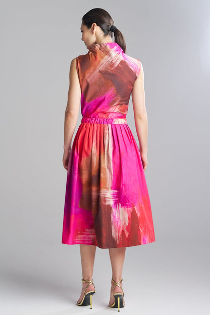 Brushstroke Cotton Taffeta Pull On Midi Skirt Magenta
