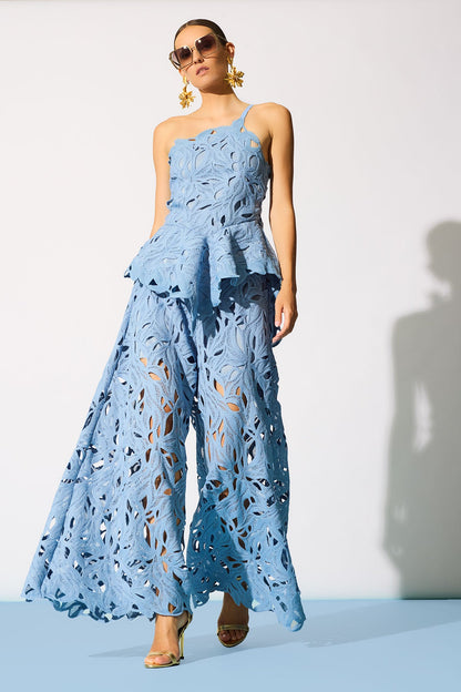 Cutout Leaf Lace Pull On Palazzo Pants Blue Iris