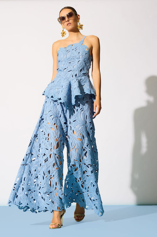 Cutout Leaf Lace Pull On Palazzo Pants Blue Iris
