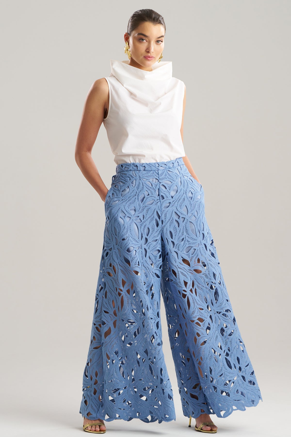 Cutout Leaf Lace Pull On Palazzo Pants Blue Iris