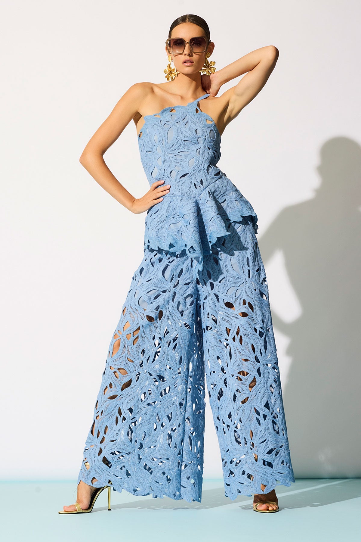 Cutout Leaf Lace Pull On Palazzo Pants Blue Iris