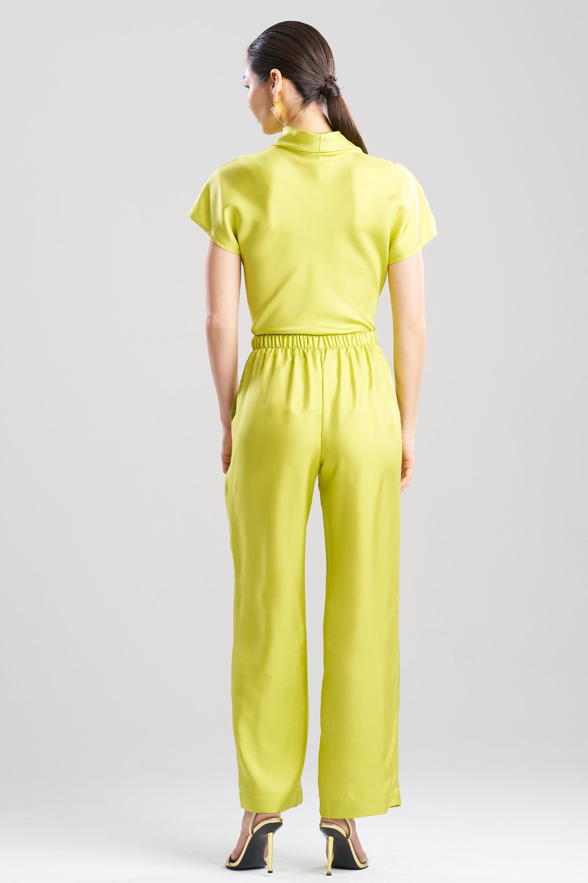 Solid Silk Twill Pull On Straight Leg Pants Chartreuse