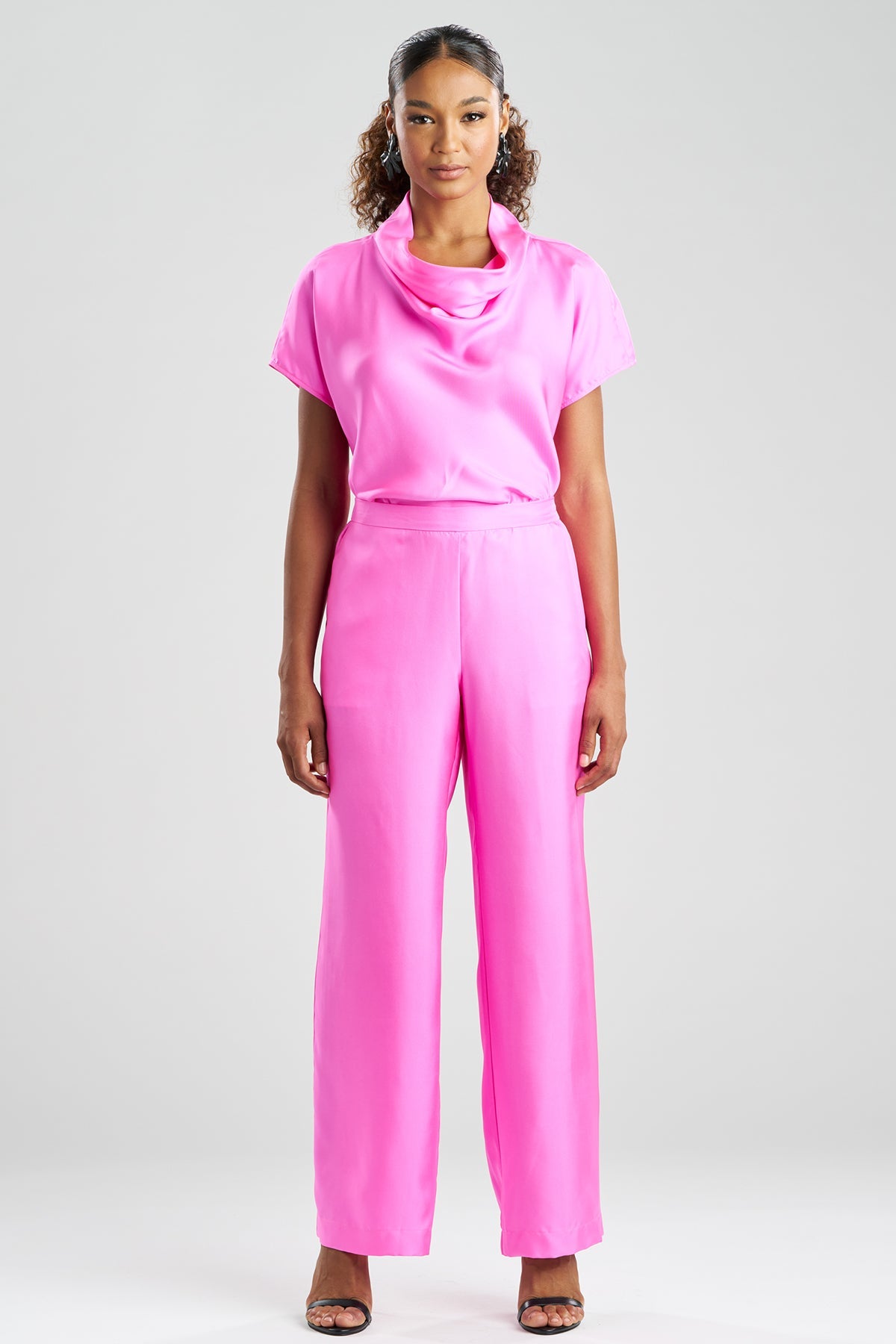 Solid Silk Twill Pull On Straight Leg Pants Fresh Pink