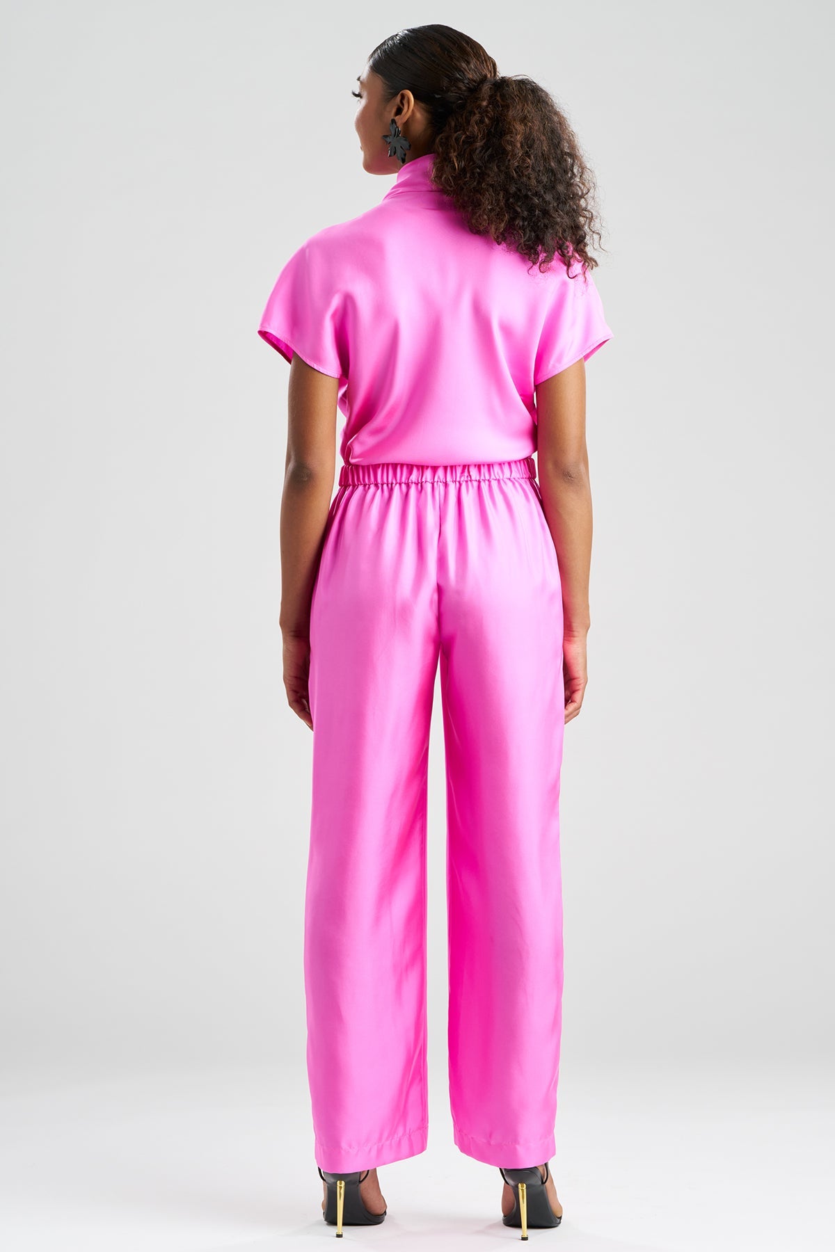 Solid Silk Twill Pull On Straight Leg Pants Fresh Pink
