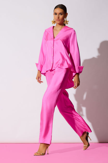 Solid Silk Twill Pull On Straight Leg Pants Fresh Pink