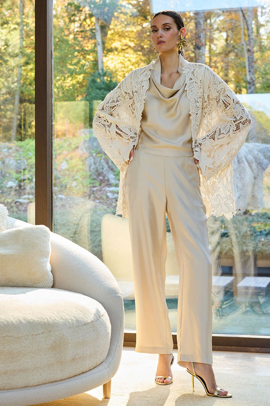 Solid Silk Twill Pull On Straight Leg Pants Bone