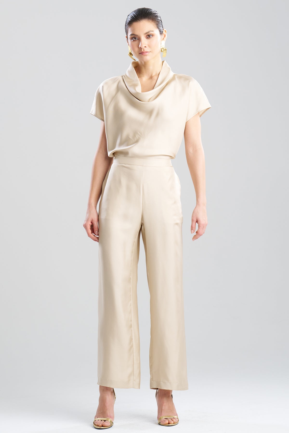 Solid Silk Twill Pull On Straight Leg Pants Bone