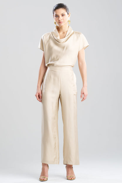 Solid Silk Twill Pull On Straight Leg Pants Bone