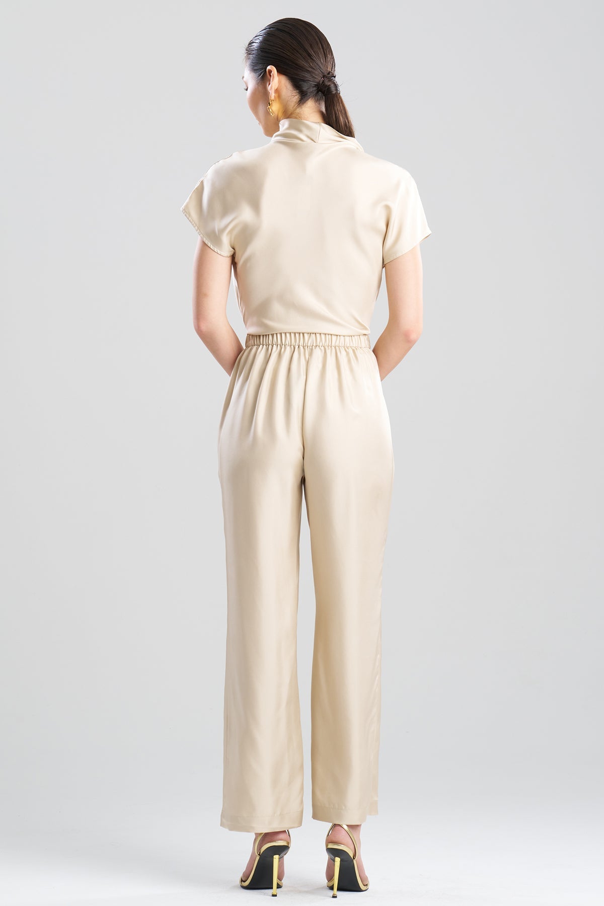 Solid Silk Twill Pull On Straight Leg Pants Bone