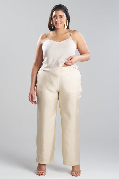 Solid Silk Twill Pull On Straight Leg Pants Bone