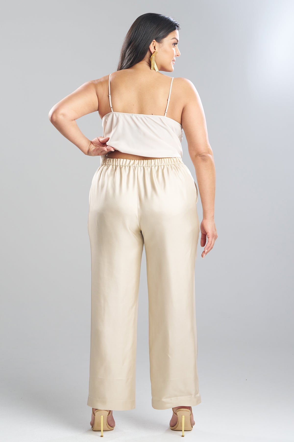 Solid Silk Twill Pull On Straight Leg Pants Bone