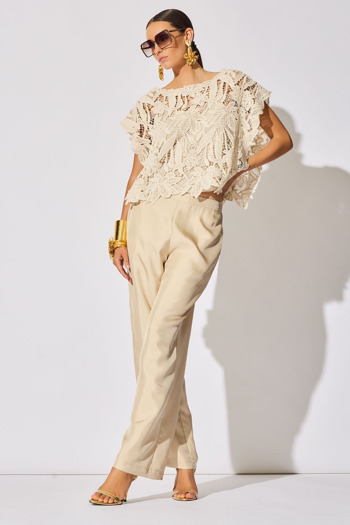 Solid Silk Twill Pull On Straight Leg Pants Bone