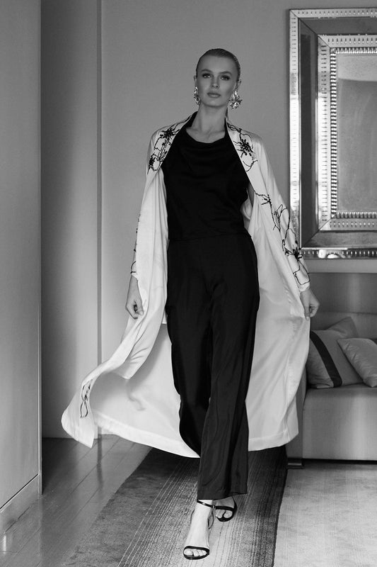 Solid Silk Twill Pull On Straight Leg Pants Black