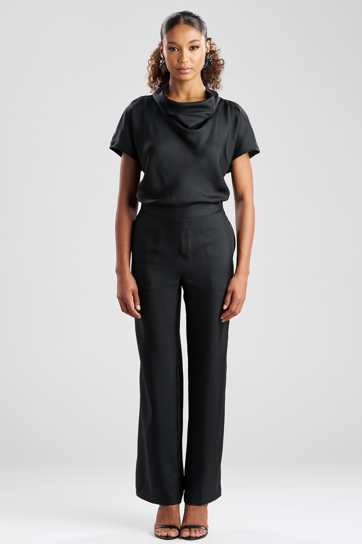 Solid Silk Twill Pull On Straight Leg Pants Black