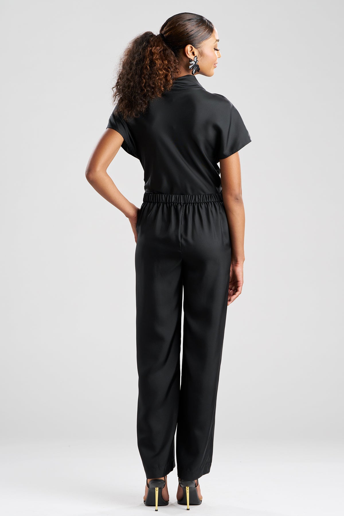 Solid Silk Twill Pull On Straight Leg Pants Black