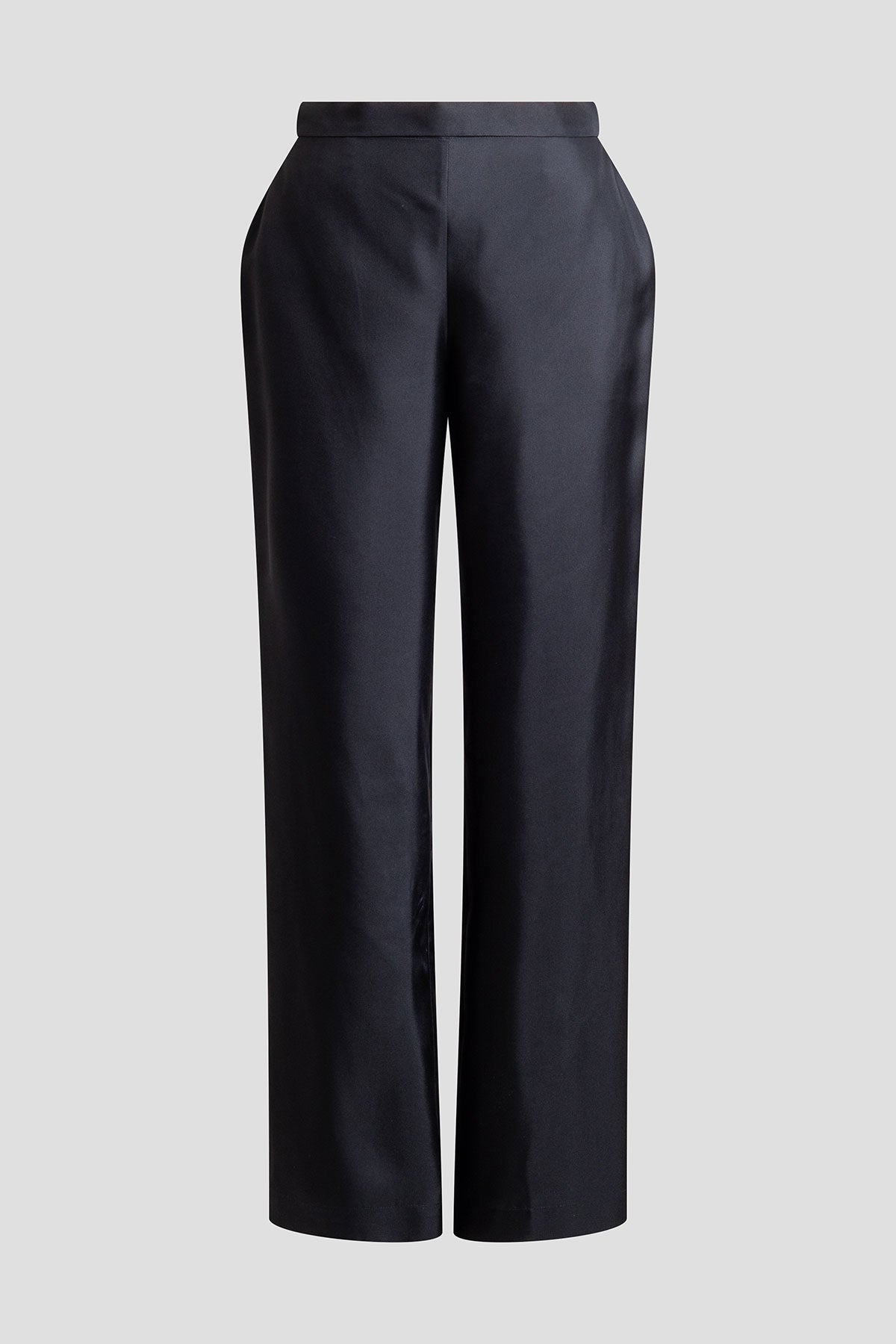 Solid Silk Twill Pull On Straight Leg Pants Black