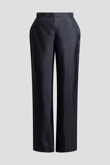 Solid Silk Twill Pull On Straight Leg Pants Black