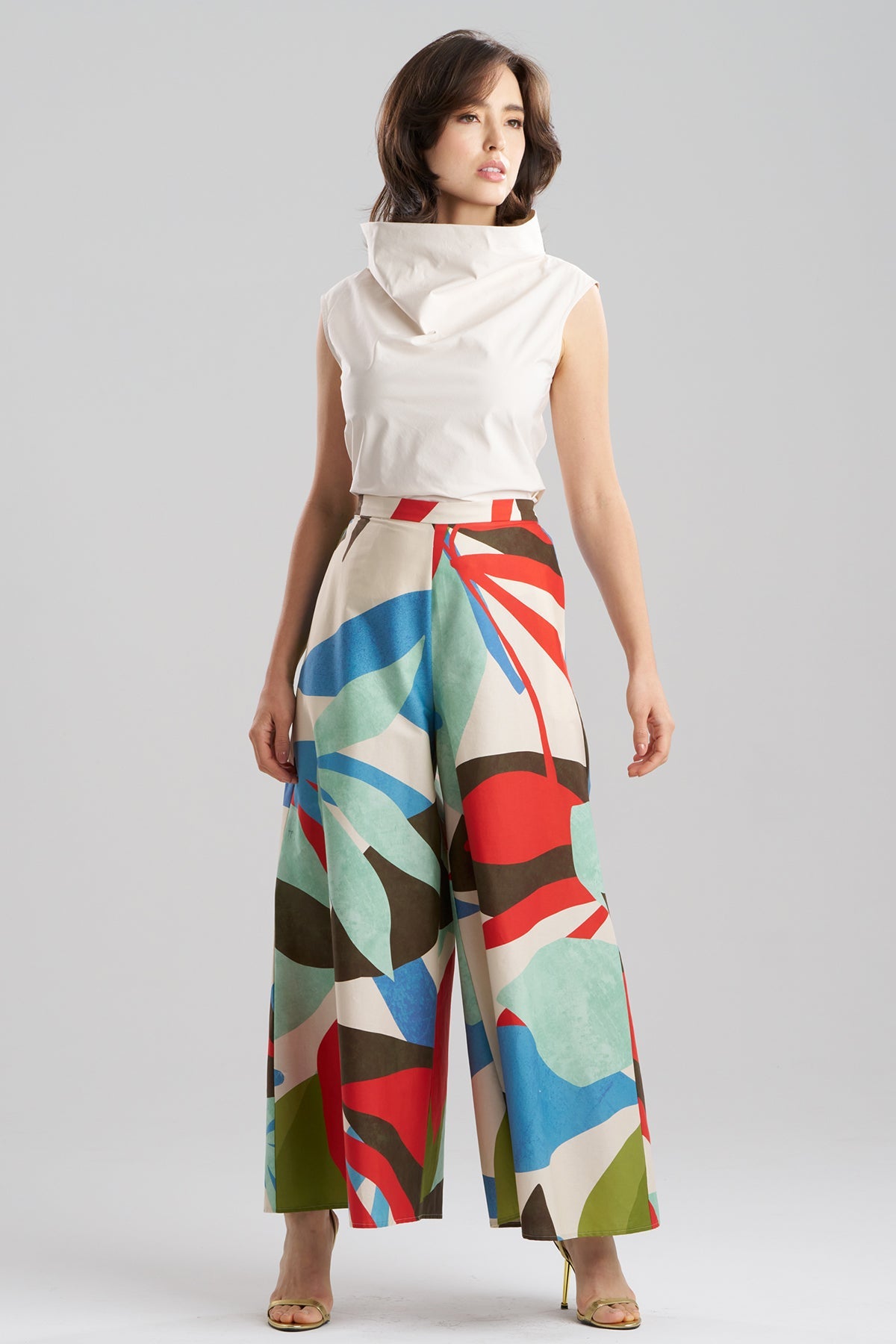 Abstract Palm Cotton Poplin Pull On Palazzo Pants Multi