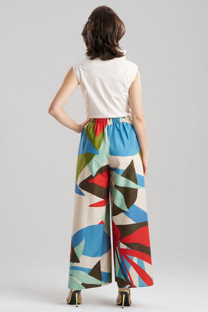 Abstract Palm Cotton Poplin Pull On Palazzo Pants Multi