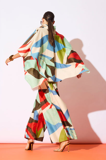 Abstract Palm Cotton Poplin Pull On Palazzo Pants Multi