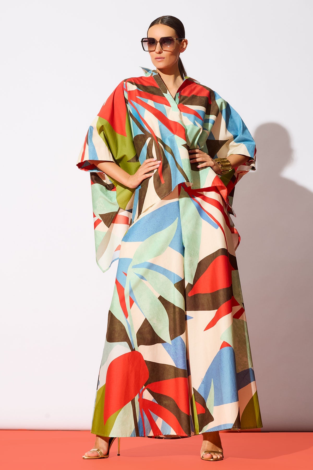 Abstract Palm Cotton Poplin Pull On Palazzo Pants Multi