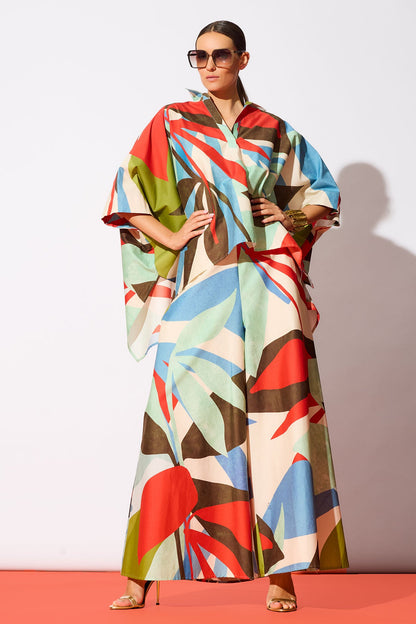 Abstract Palm Cotton Poplin Pull On Palazzo Pants Multi