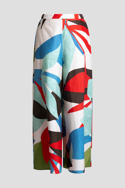 Abstract Palm Cotton Poplin Pull On Palazzo Pants Multi