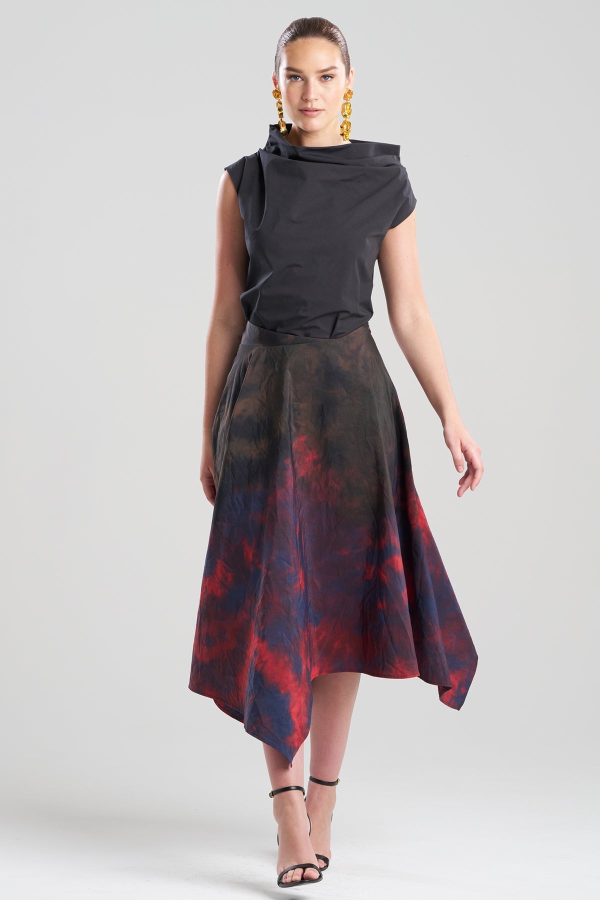 Niji Tie Dye Taffeta Origami Maxi Skirt Red