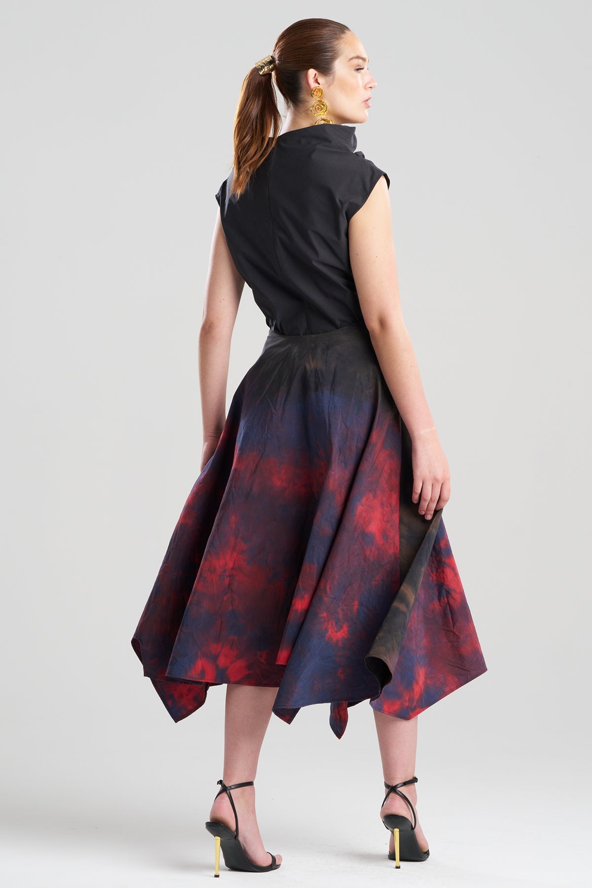 Niji Tie Dye Taffeta Origami Maxi Skirt Red