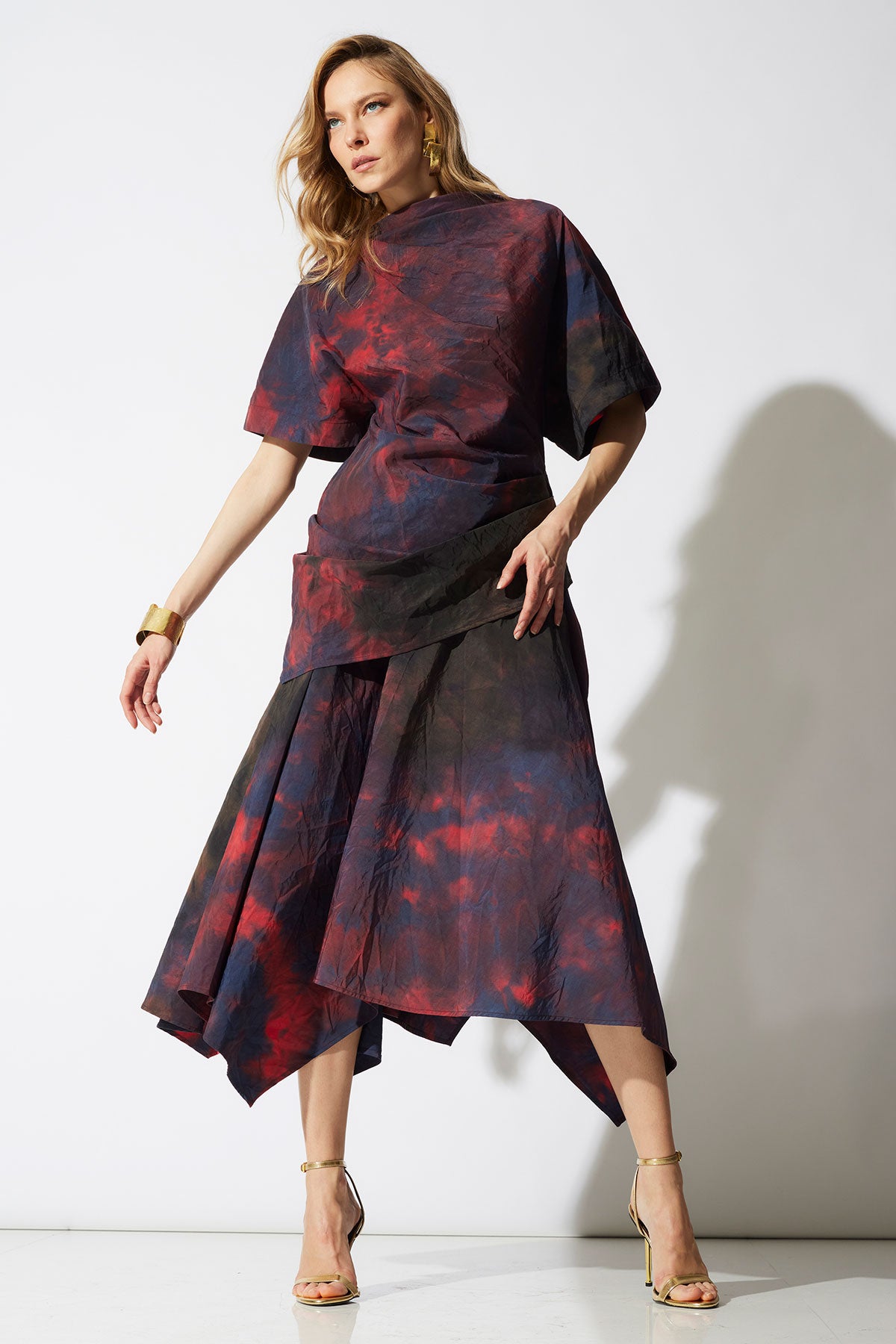 Niji Tie Dye Taffeta Origami Maxi Skirt Red