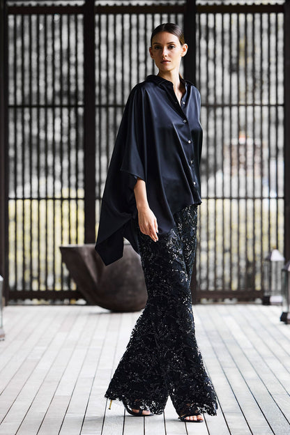 Floral Sequin Lace Side Zip Straight Leg Pants Black