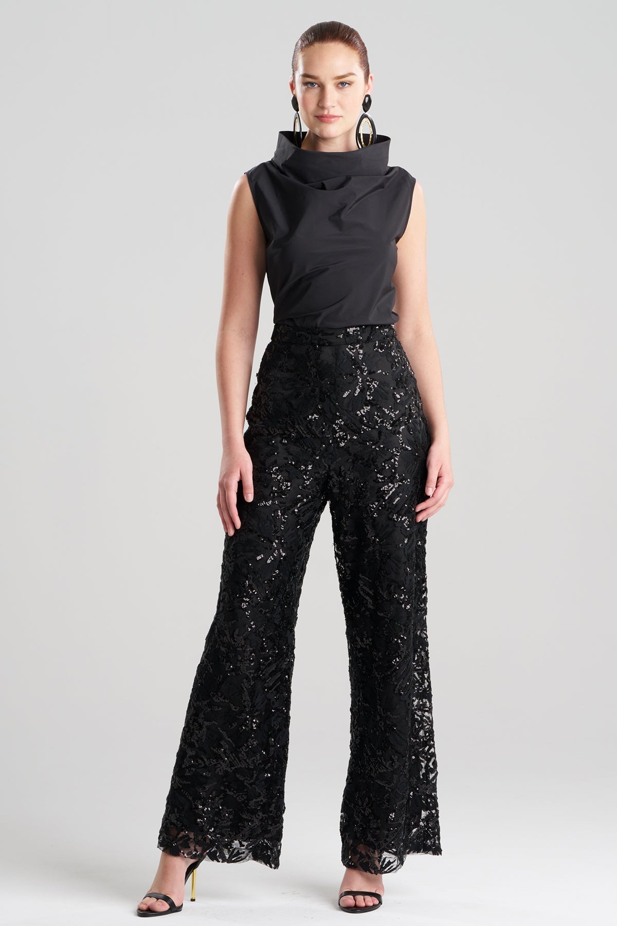Floral Sequin Lace Side Zip Straight Leg Pants Black