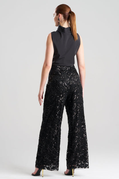 Floral Sequin Lace Side Zip Straight Leg Pants Black