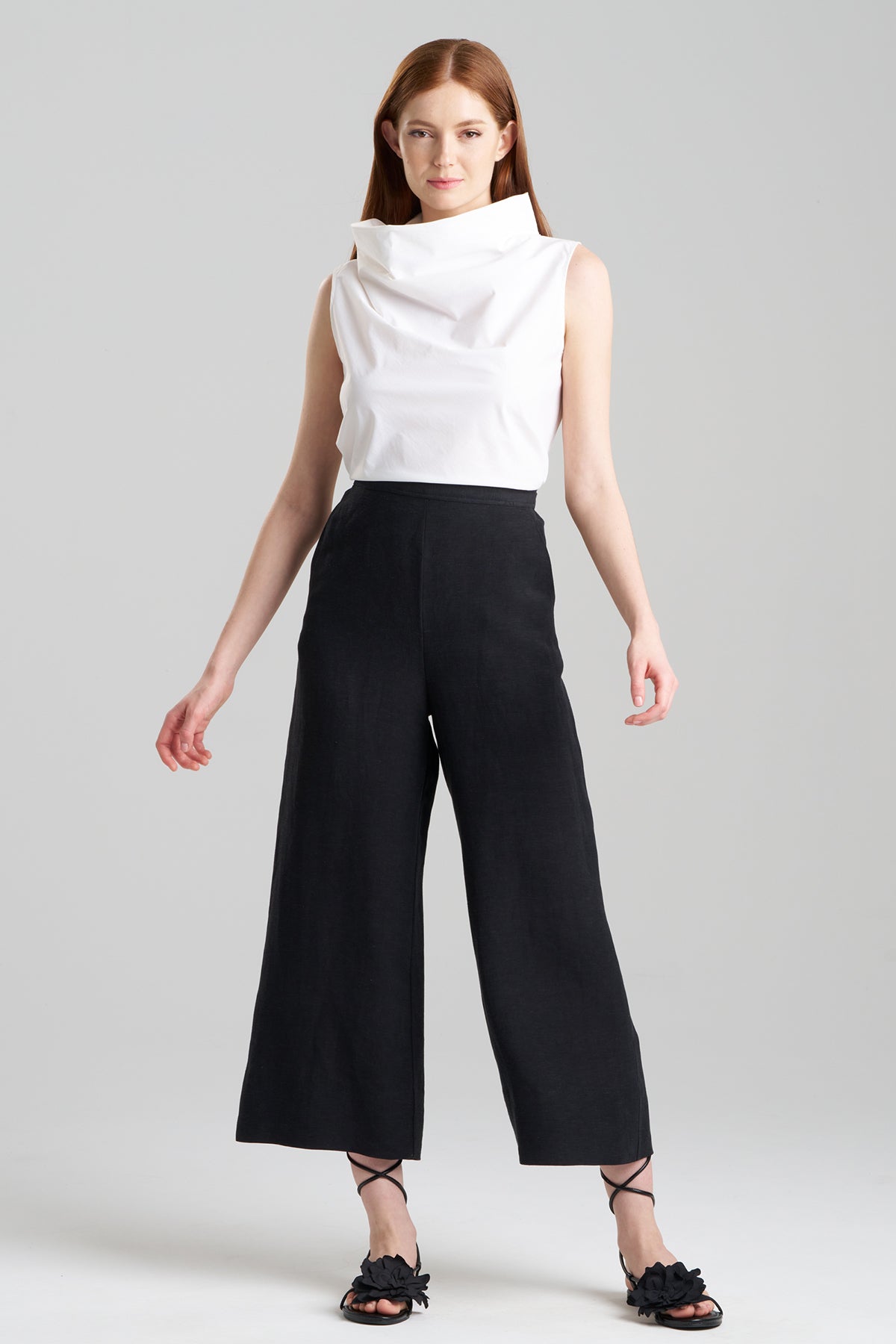 Light Weight Linen Cropped Wide Leg Pants Black