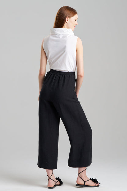 Light Weight Linen Cropped Wide Leg Pants Black
