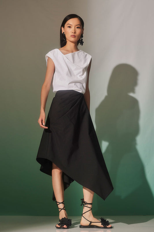 Tech Cotton Taffeta Origami Asymmetrical Skirt Black