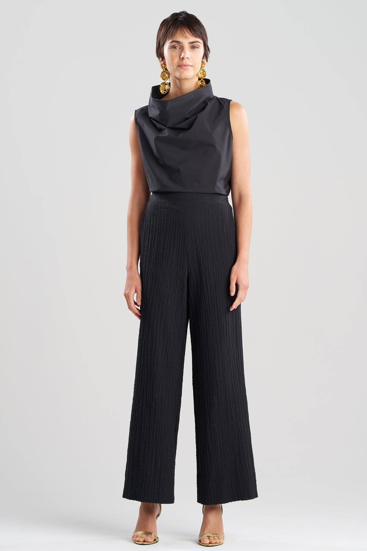 Matelassé Cotton Wide Pull On Pants Black