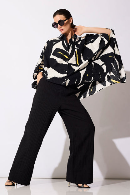Matelassé Cotton Wide Pull On Pants Black