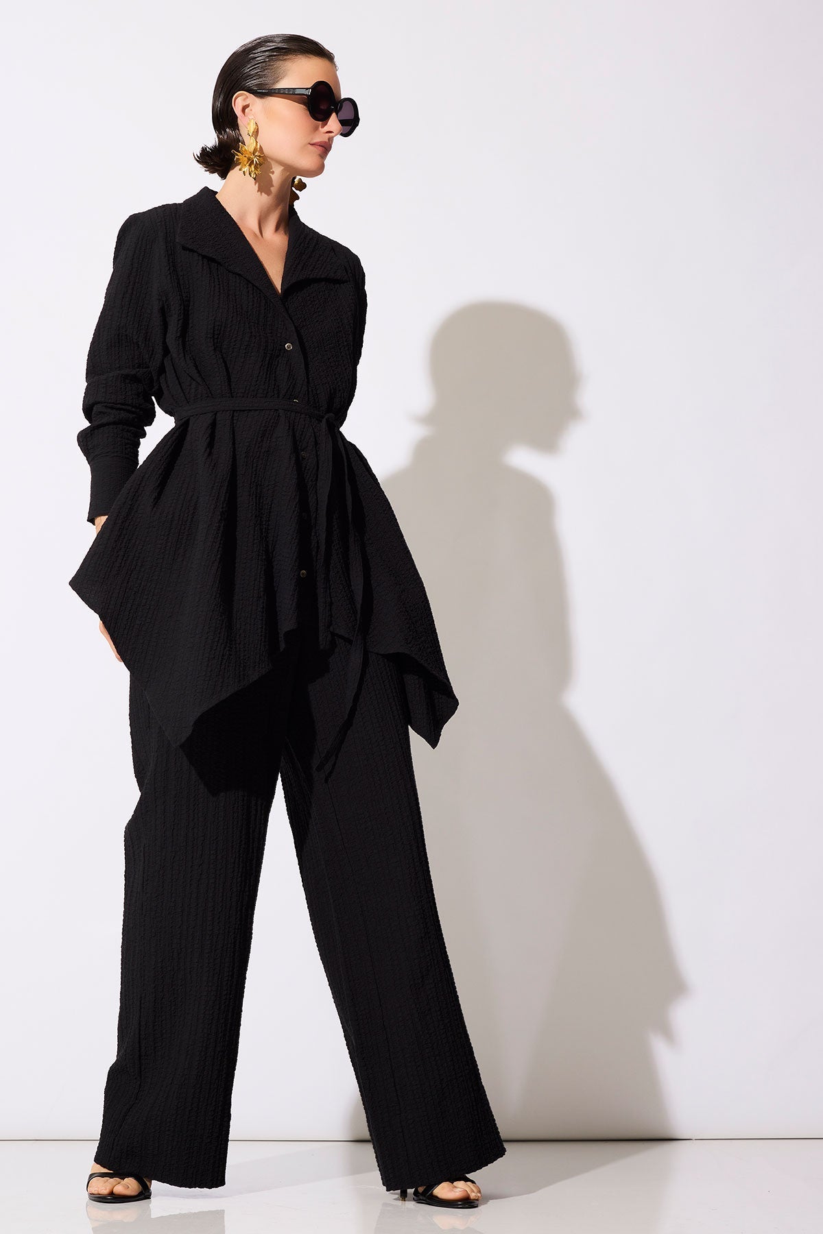 Matelassé Cotton Wide Pull On Pants Black