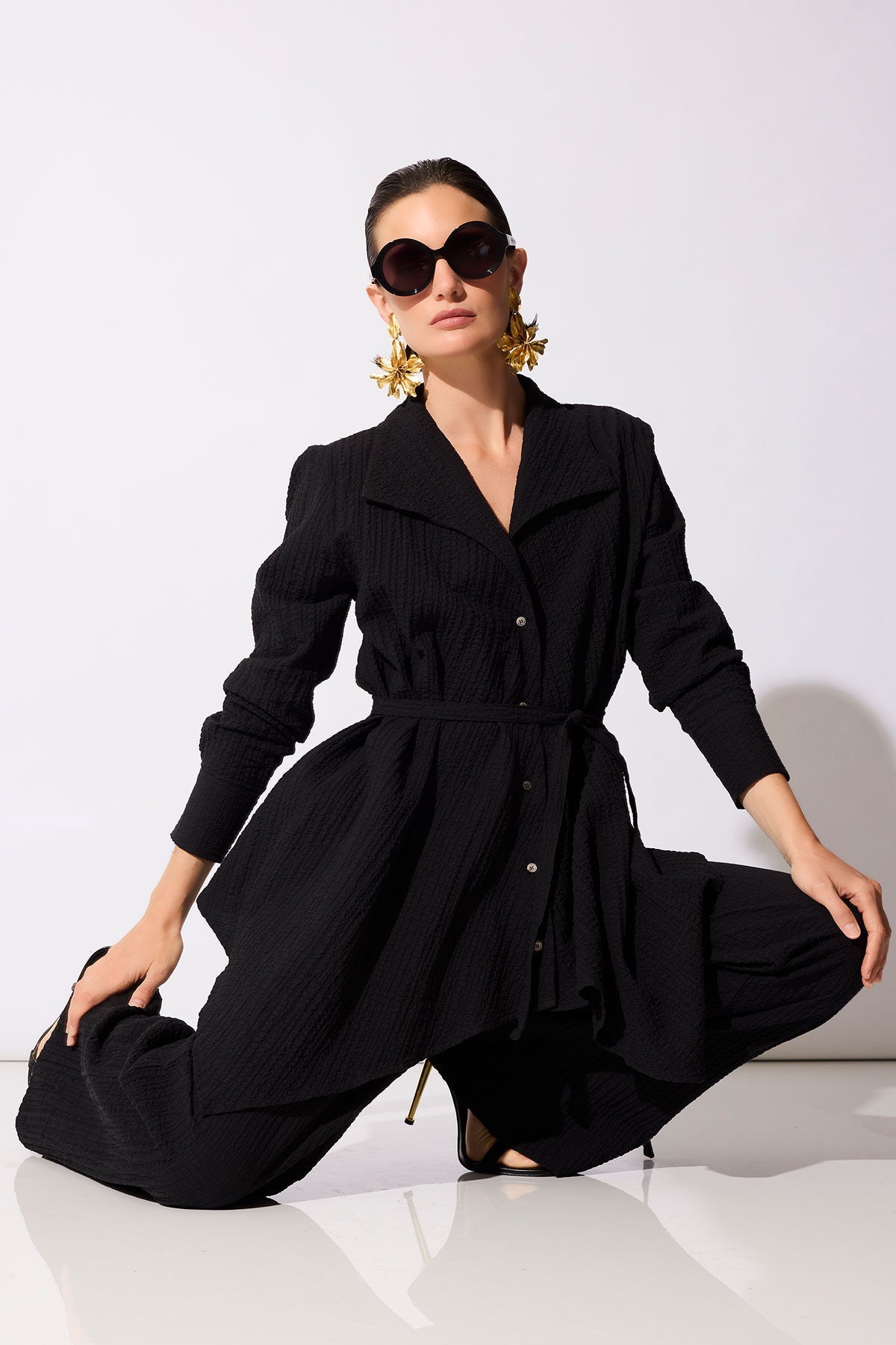 Matelassé Cotton Wide Pull On Pants Black