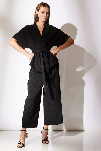 Buy Geo Texture Jacquard Wide Leg Cropped Pants online Black