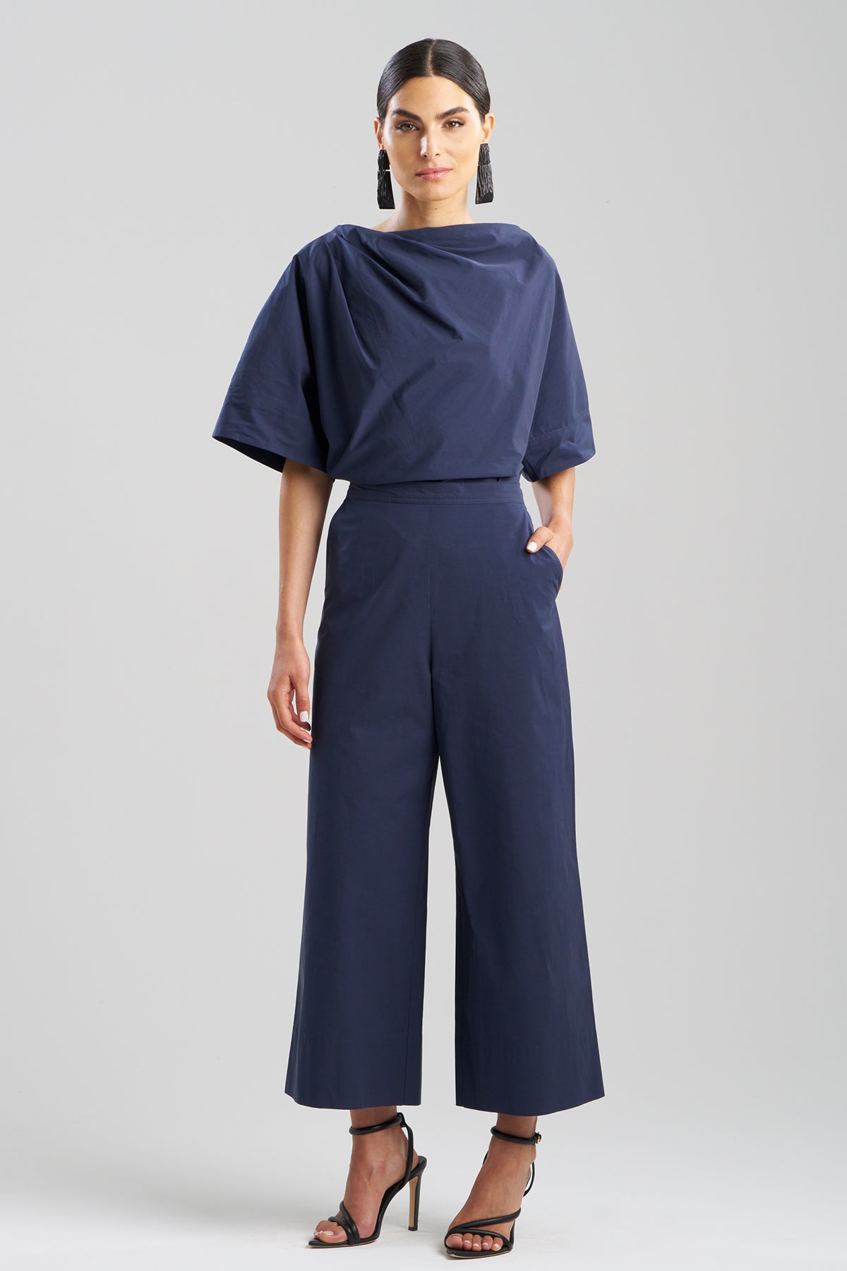 Tech Cotton Taffeta Pull Over Cropped Pants in Navy Blue Midnight Navy