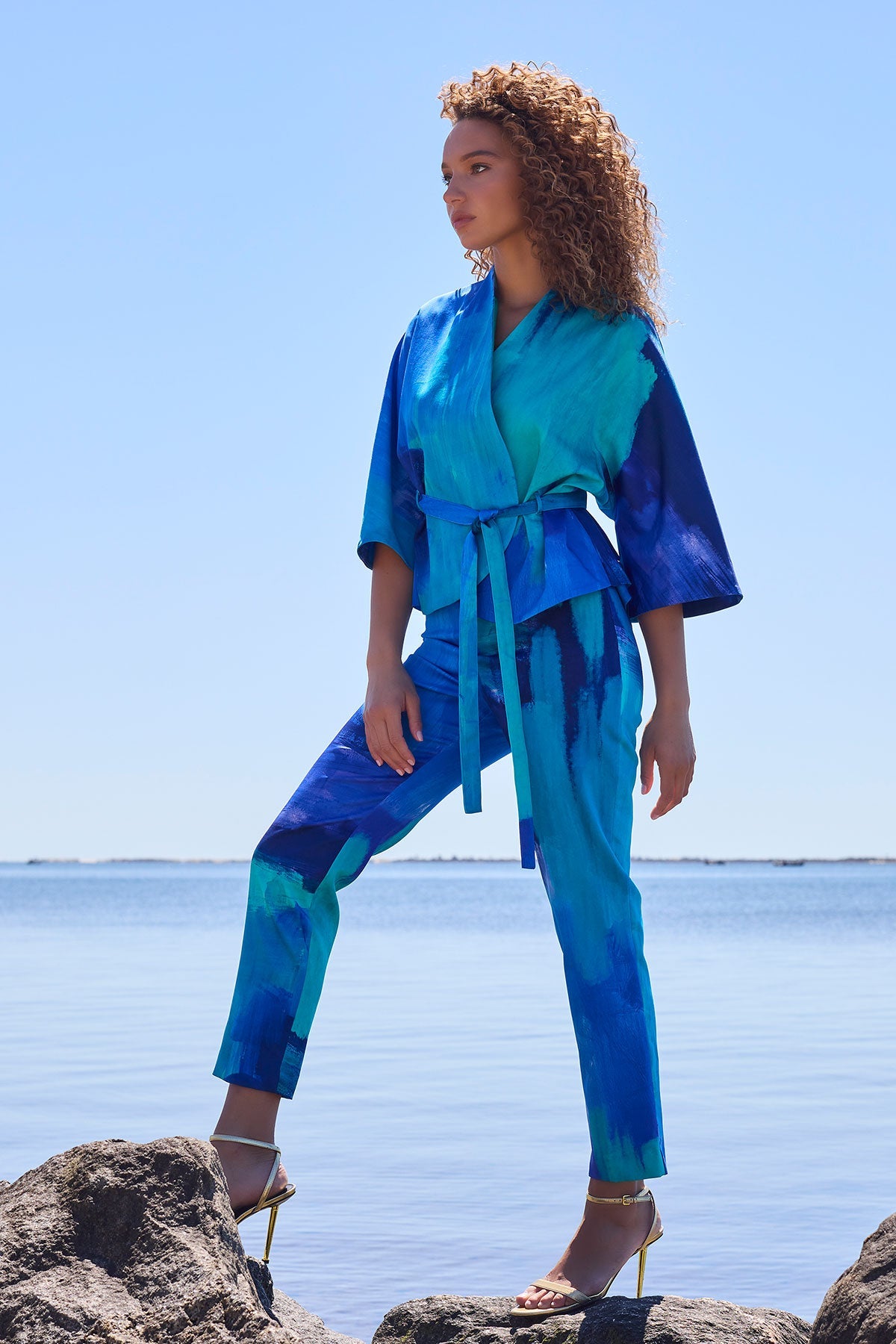 Brushstroke Cotton Chino Belted Kimono Jacket Blue