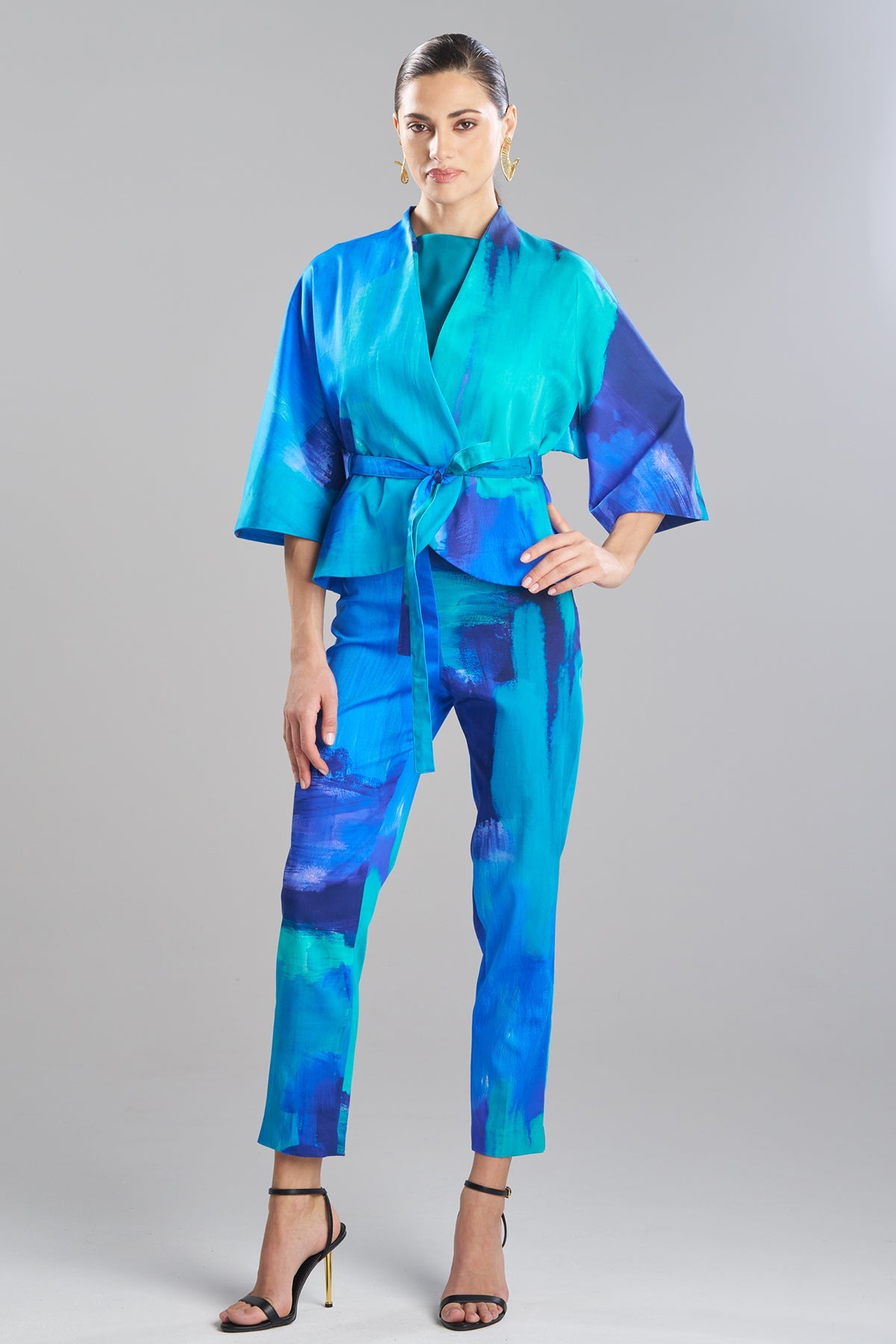 Brushstroke Cotton Chino Belted Kimono Jacket Blue
