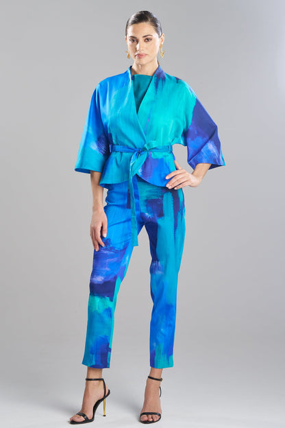 Brushstroke Cotton Chino Belted Kimono Jacket Blue