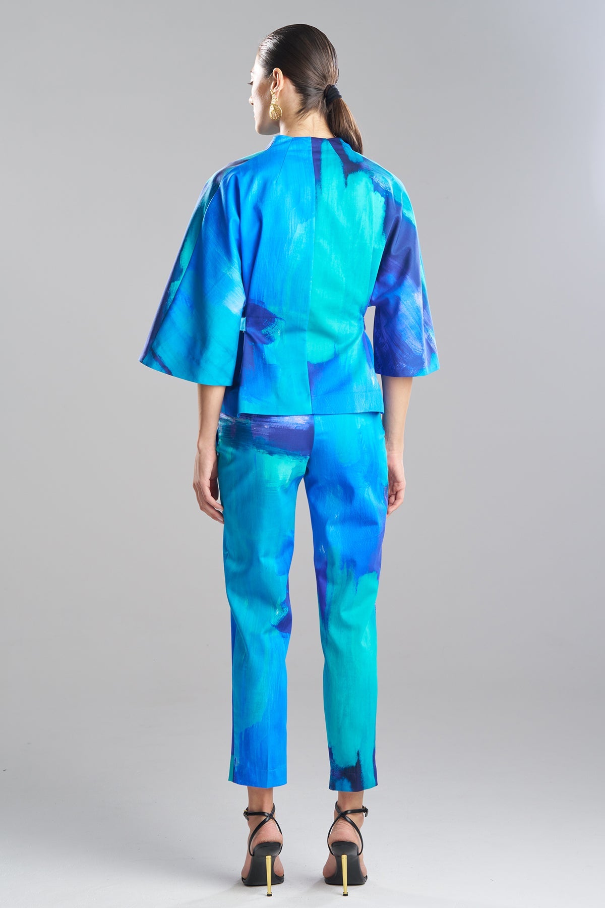 Brushstroke Cotton Chino Belted Kimono Jacket Blue