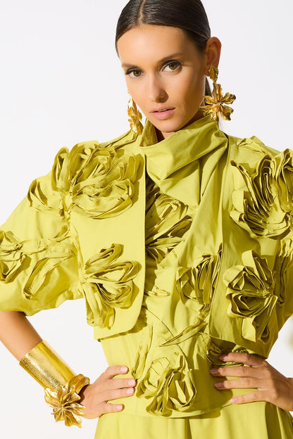 Tech Cotton Taffeta 3D Embroidered Bolero Chartreuse